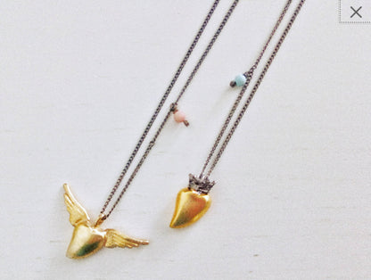 Gold Heart Necklace, Angel Wings Necklace From 18k Gold Plated Solid Silver