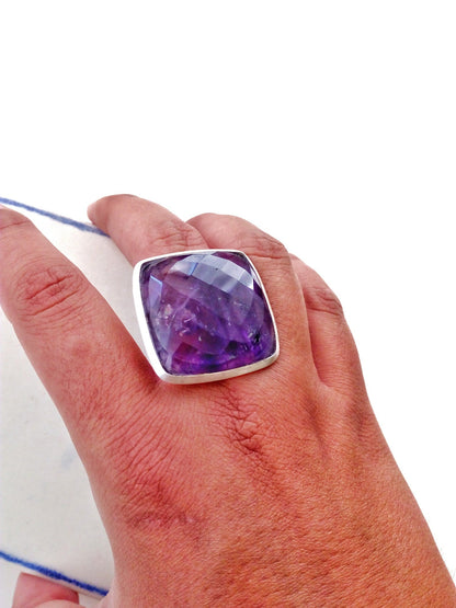 Silver Amethyst Gemstone Ring, Bold Cushion Cut Ring Size 8.55 Karat