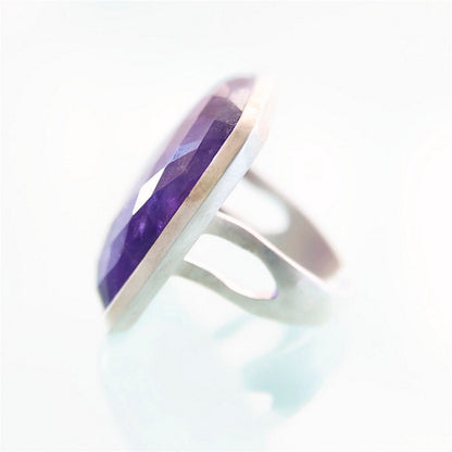 Silver Amethyst Gemstone Ring, Bold Cushion Cut Ring Size 8.55 Karat