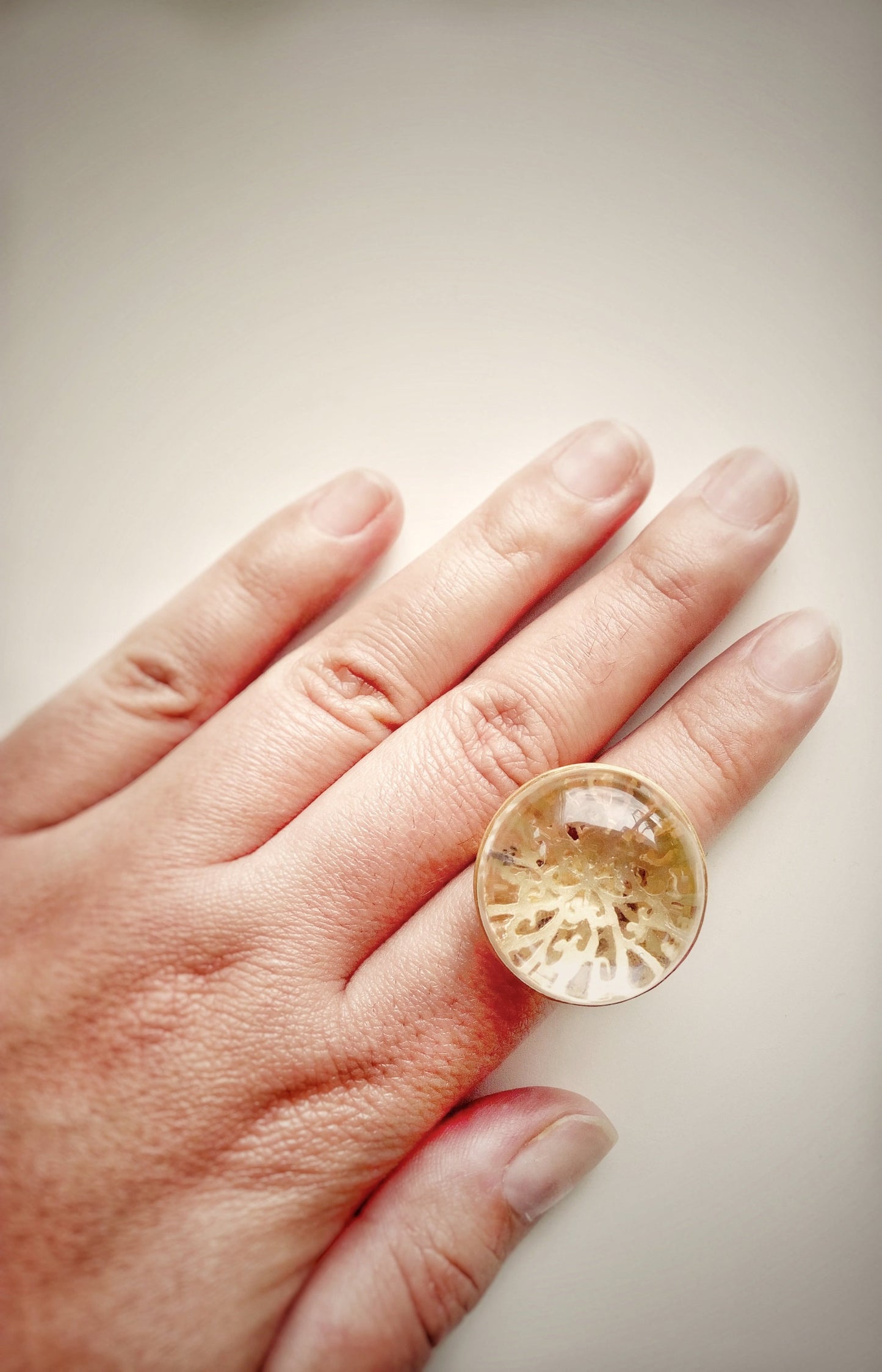 Gold Chunky Statement Ring, Clear Quartz Ring Size 7 3/4