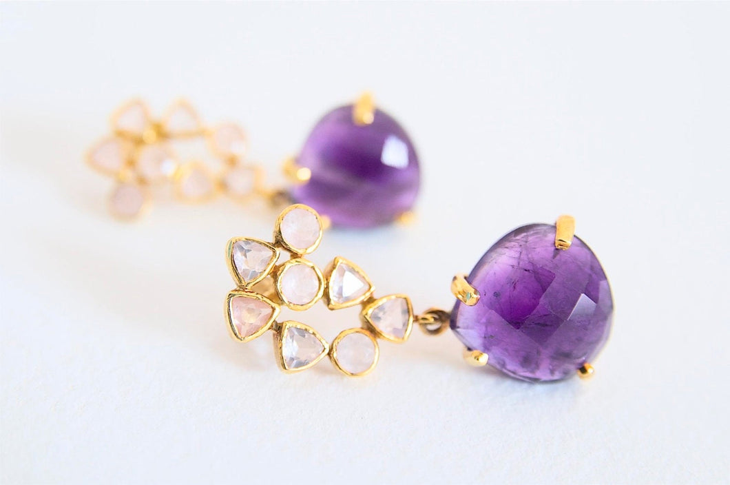 Gold Amethyst Earrings, 18k Gold Plated Silver Drop Amethyst Earrings