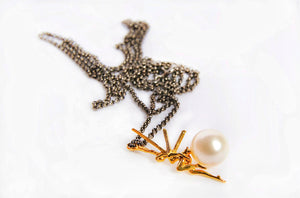 14k Gold Single Pearl Necklace With Fairy In Oxidized Long Layered Silver Chain, Newborn Gift From Godmother