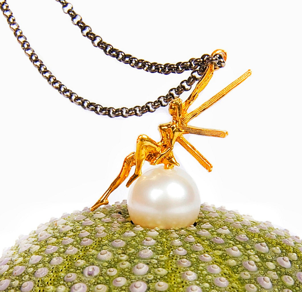 14k Gold Single Pearl Necklace With Fairy In Oxidized Long Layered Silver Chain, Newborn Gift From Godmother