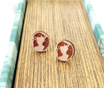 Planet Earth Wooden Stud Earrings, World Map Earrings