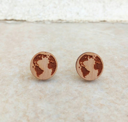 Planet Earth Wooden Stud Earrings, World Map Earrings