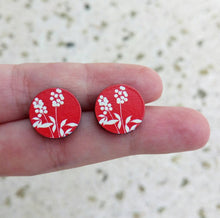 Load image into Gallery viewer, Red Flower Earrings, Round Wood Studs

