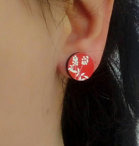 Red Flower Earrings, Round Wood Studs
