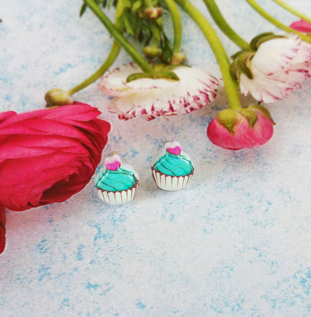 Cupcake Earrings, Rainbow Cake Silver Stud Earrings