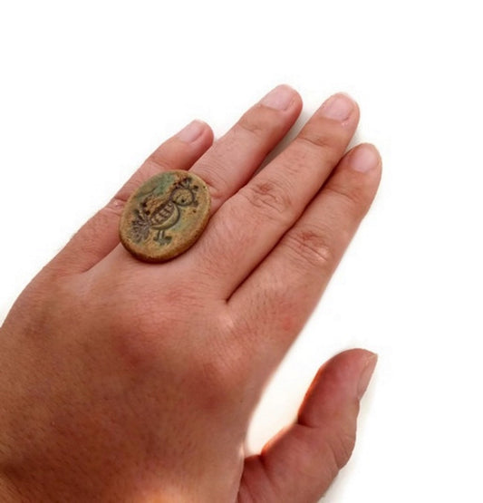 Clay Statement Ring, Hand Stamped Bronze Ring With Bird Figure