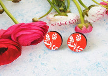 Load image into Gallery viewer, Red Flower Earrings, Round Wood Studs
