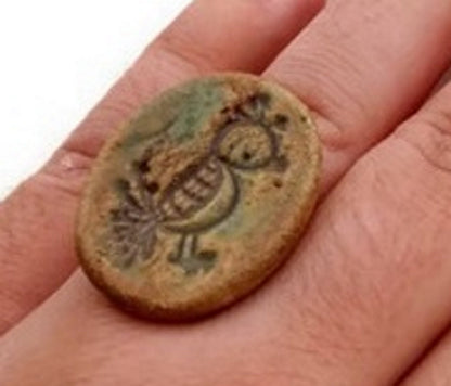 Clay Statement Ring, Hand Stamped Bronze Ring With Bird Figure