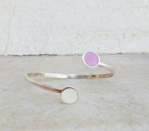 Open Cuff Bracelet, Silver Bangle Bracelet With Pink And White Enamel