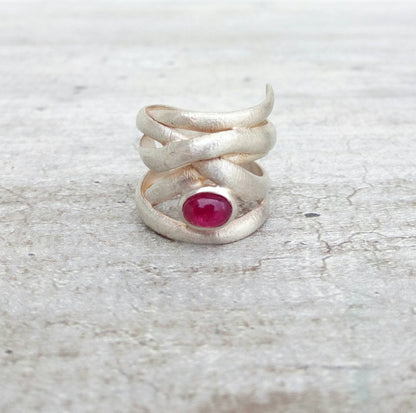 Pink Tourmaline Ring, Sterling Silver Ring Size 7 1/4, "Chaotic Ring"