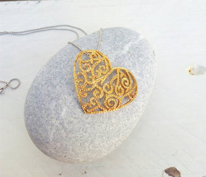 Large Heart Necklace, Sterling Silver Layered Necklace, Filigree Heart Jewelry