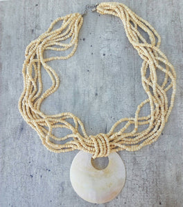 White Ethnic Necklace, Wooden Bead Necklace With Mother Of Pearls