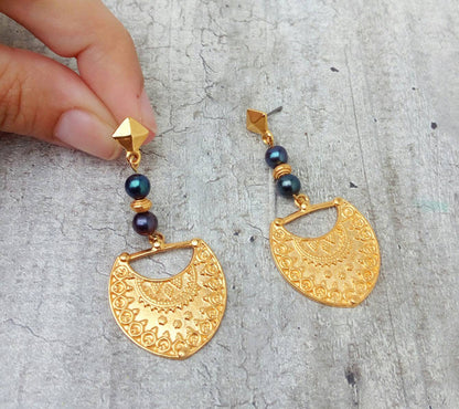 22k Gold Black Hematite Earrings, Etruscan Earrings For Her