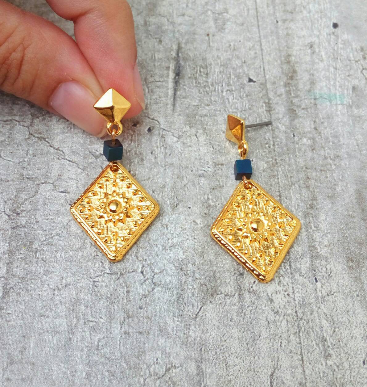 Ancient Greek Earrings, 22k Gold Earrings With Square Hematite