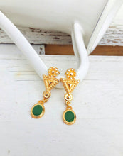 Load image into Gallery viewer, Byzantine Earrings, 22k Gold Studs With Green Enamel
