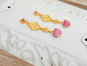 22k Gold Celestial Earrings, Long Stud Earrings With Pink Jade