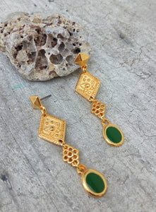 Emerald Green Byzantine Earrings, 22k Gold Plated Bronze Earrings