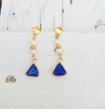 Load image into Gallery viewer, Navy Blue Earrings, Lapis Lazuli Byzantine Earrings, Drop Pearl Earrings
