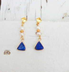 Navy Blue Earrings, Lapis Lazuli Byzantine Earrings, Drop Pearl Earrings