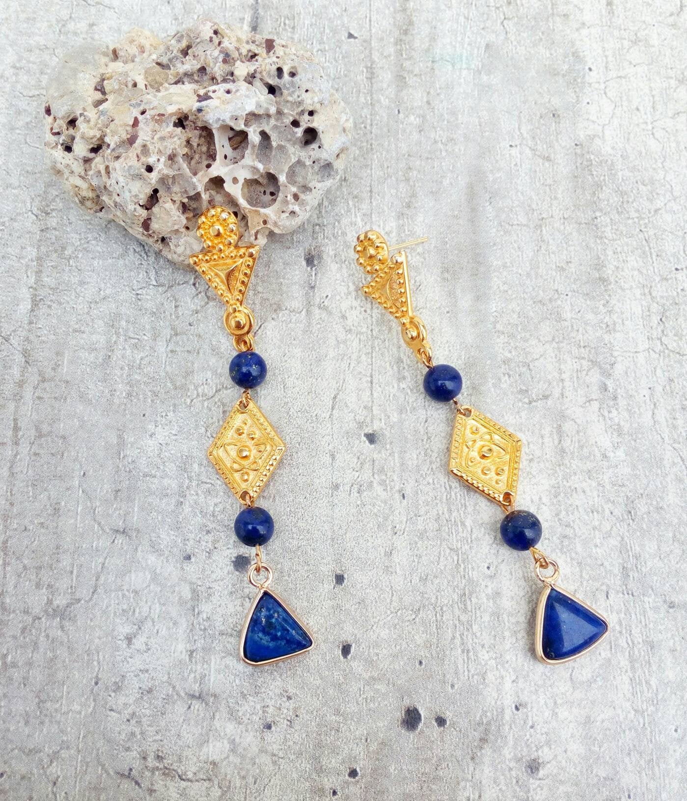 Lapis Lazuli Etruscan Earrings, Lightweight Long Post Earrings