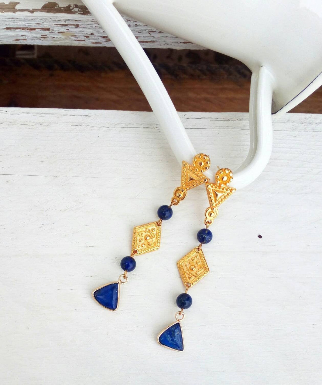 Lapis Lazuli Etruscan Earrings, Lightweight Long Post Earrings