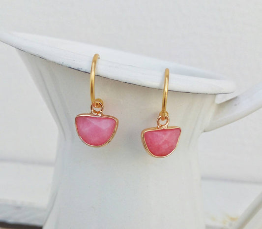 Pink Gemstone Hoop Earrings, Jade Earrings, Minimal Hoops Gift For Her