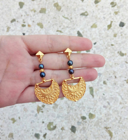 22k Gold Black Hematite Earrings, Etruscan Earrings For Her