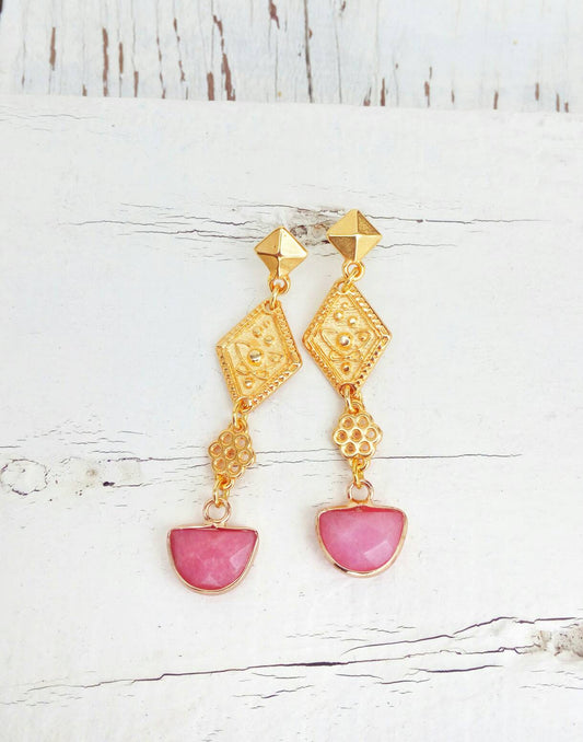 22k Gold Celestial Earrings, Long Stud Earrings With Pink Jade