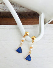 Load image into Gallery viewer, Navy Blue Earrings, Lapis Lazuli Byzantine Earrings, Drop Pearl Earrings
