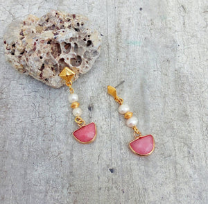 Pink Jade Earrings, Drop Pearl Earrings For Bridesmaids