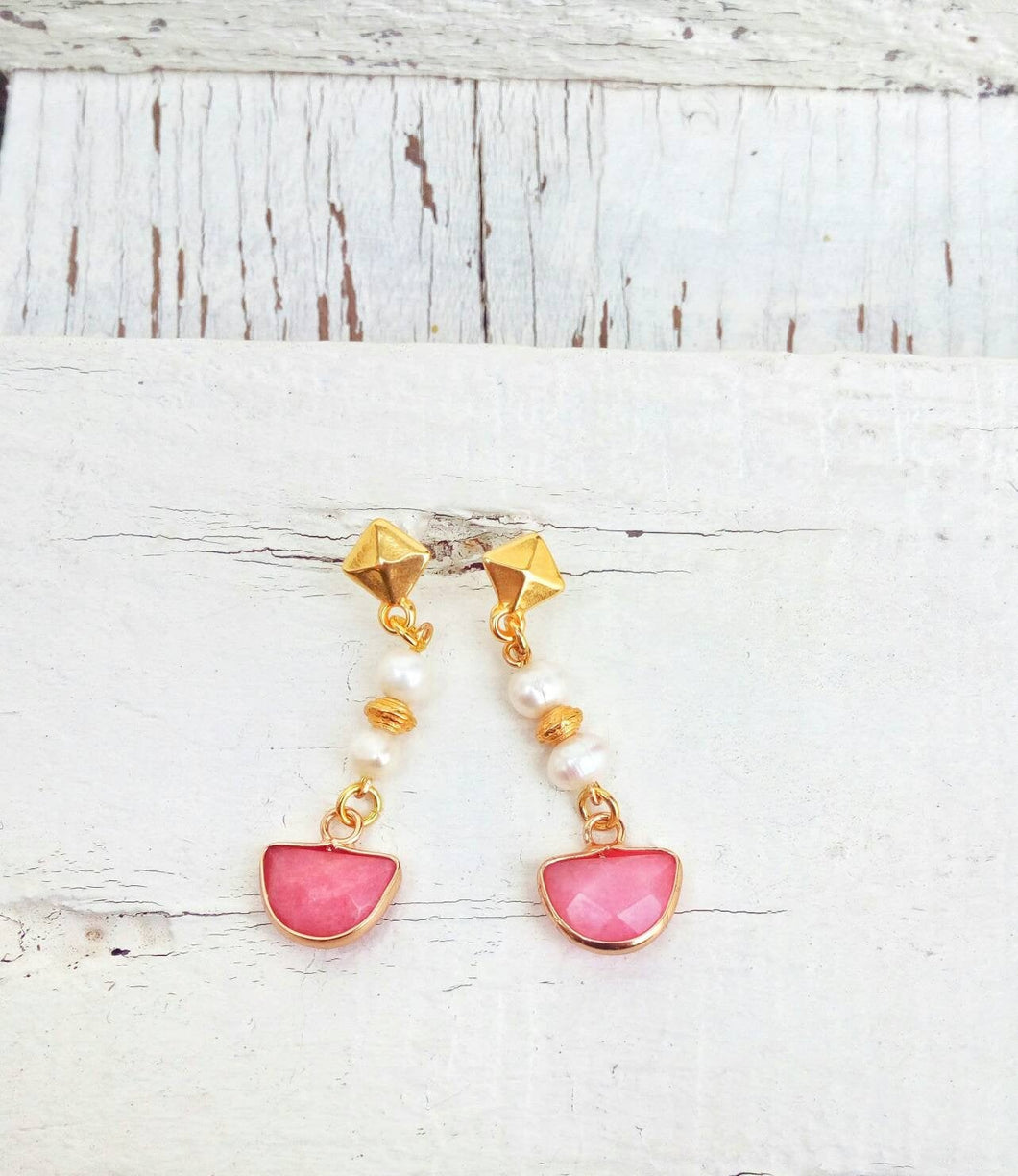 Pink Jade Earrings, Drop Pearl Earrings For Bridesmaids