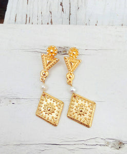 22k Gold Plated Pearl Earrings, Long Stud Earrings, Etruscan Jewelry For Her