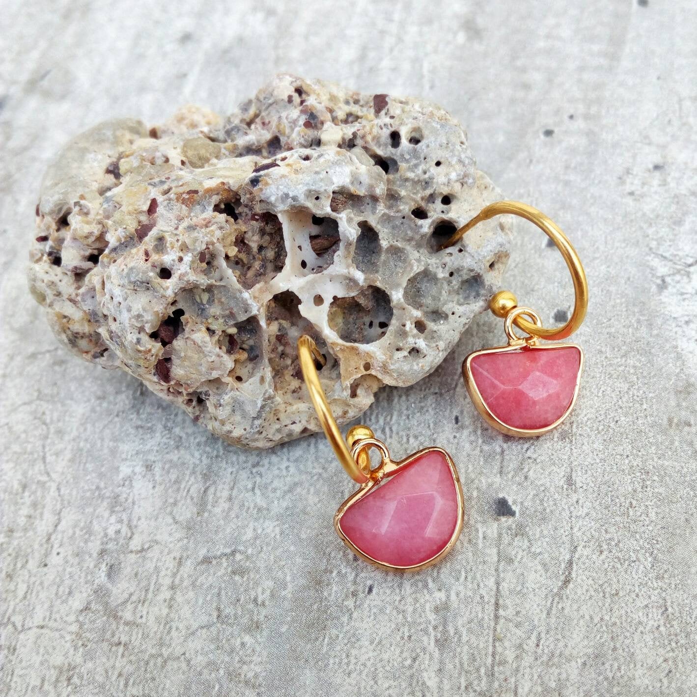 Pink Gemstone Hoop Earrings, Jade Earrings, Minimal Hoops Gift For Her