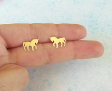 Load image into Gallery viewer, Unicorn Earrings, Gold Hypoallergenic Stud Earrings, Horse Earrings
