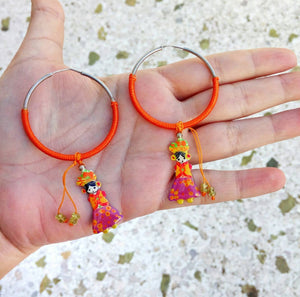 Silver Hoop Earrings Medium Size, Mexican Earrings With Fruit Basket Woman
