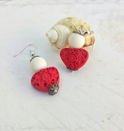 Red Coral Earrings, Cinnabar Earrings, Asian Gift For Her, Love Gift For Girlfriend