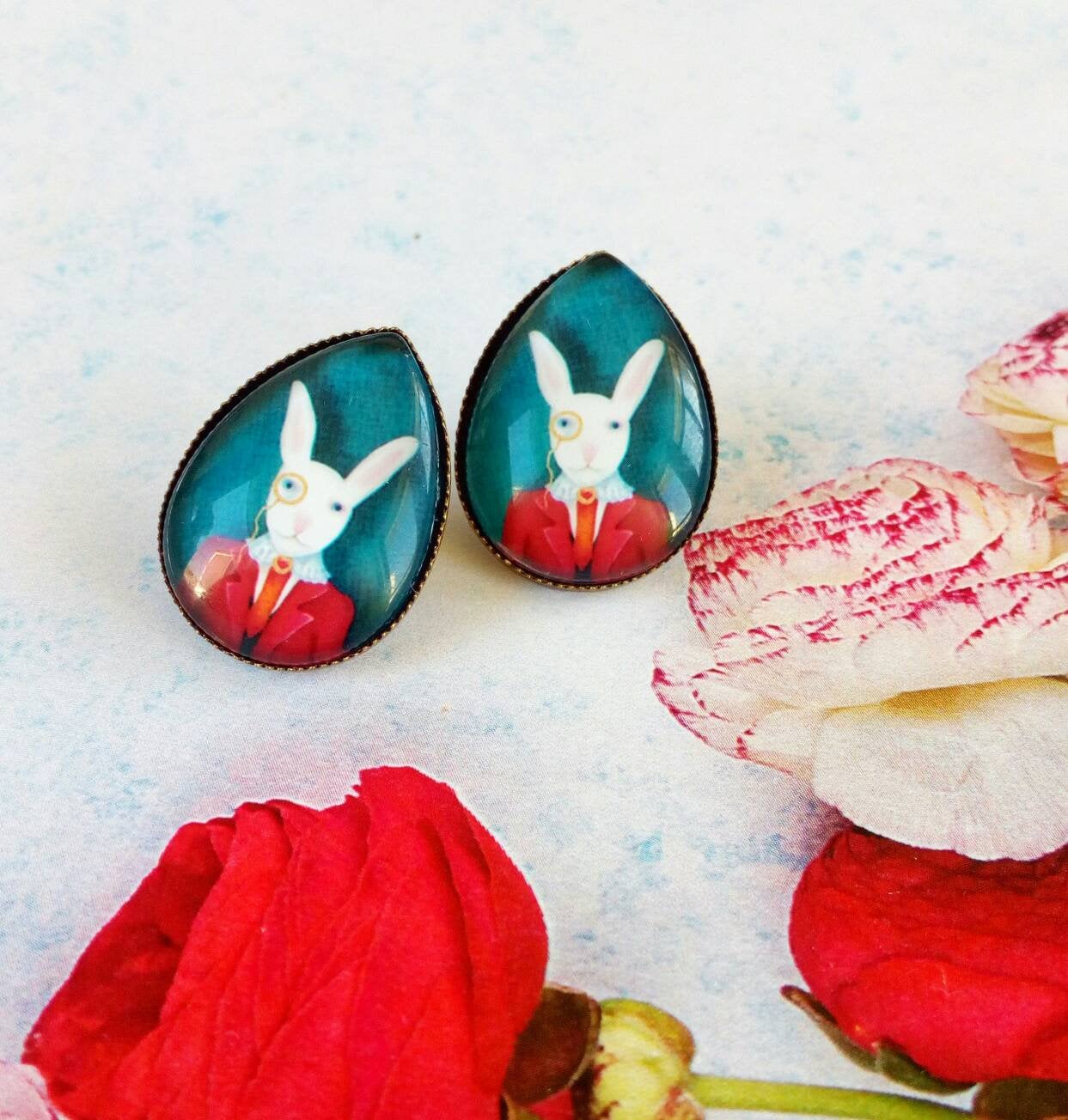 Bunny Earrings, Anthropomorphic Art Jewelry, Rabbit With Monocle