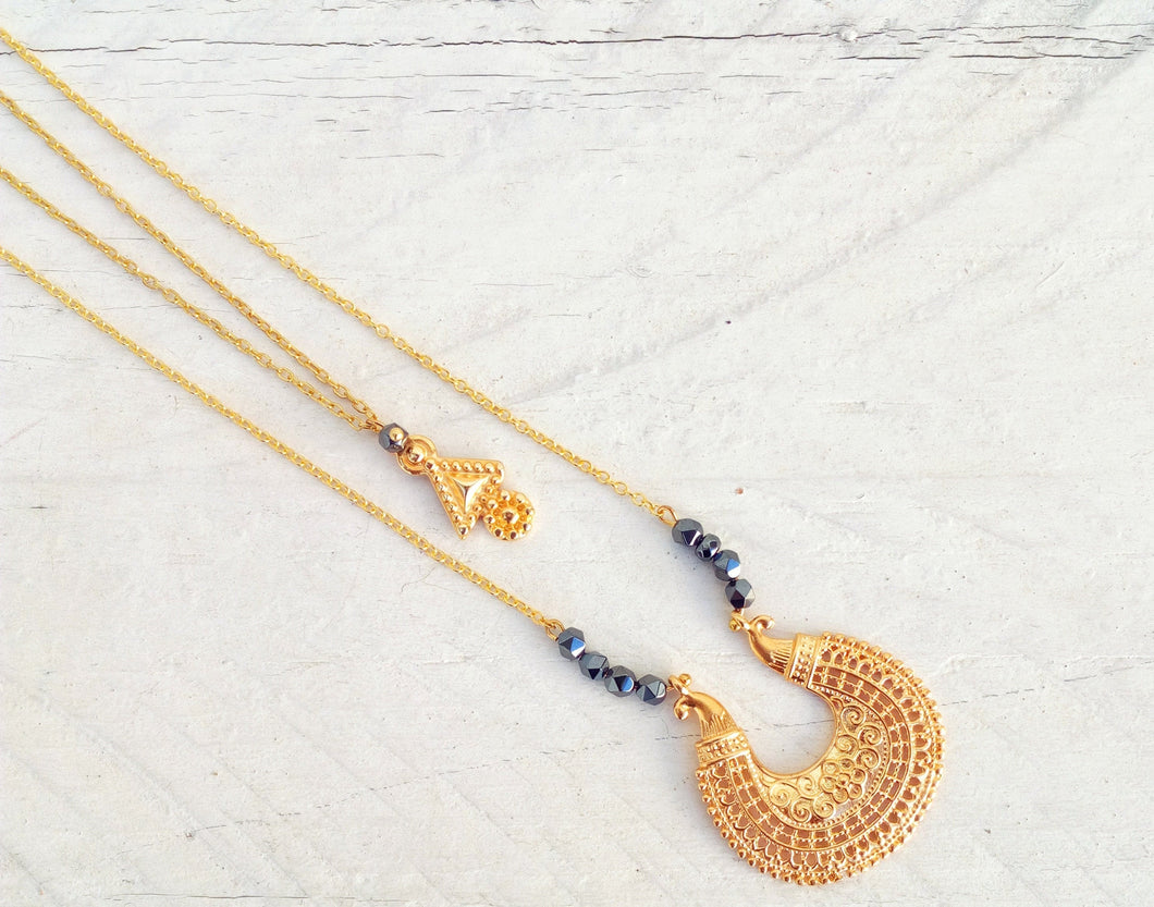 Layered Gold Necklace Set, Hematite Necklace, Extra Long Gold Necklace