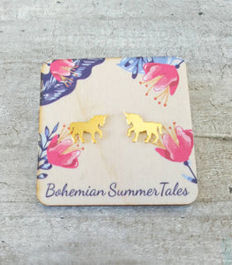 Unicorn Earrings, Gold Hypoallergenic Stud Earrings, Horse Earrings