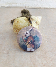 Load image into Gallery viewer, Small Locket Necklace, White Rabbit Alice In Wonderland Necklace

