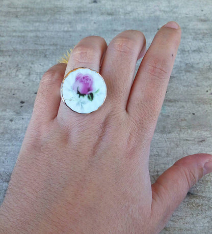 Rose Flower Ring, Porcelain Round Ring