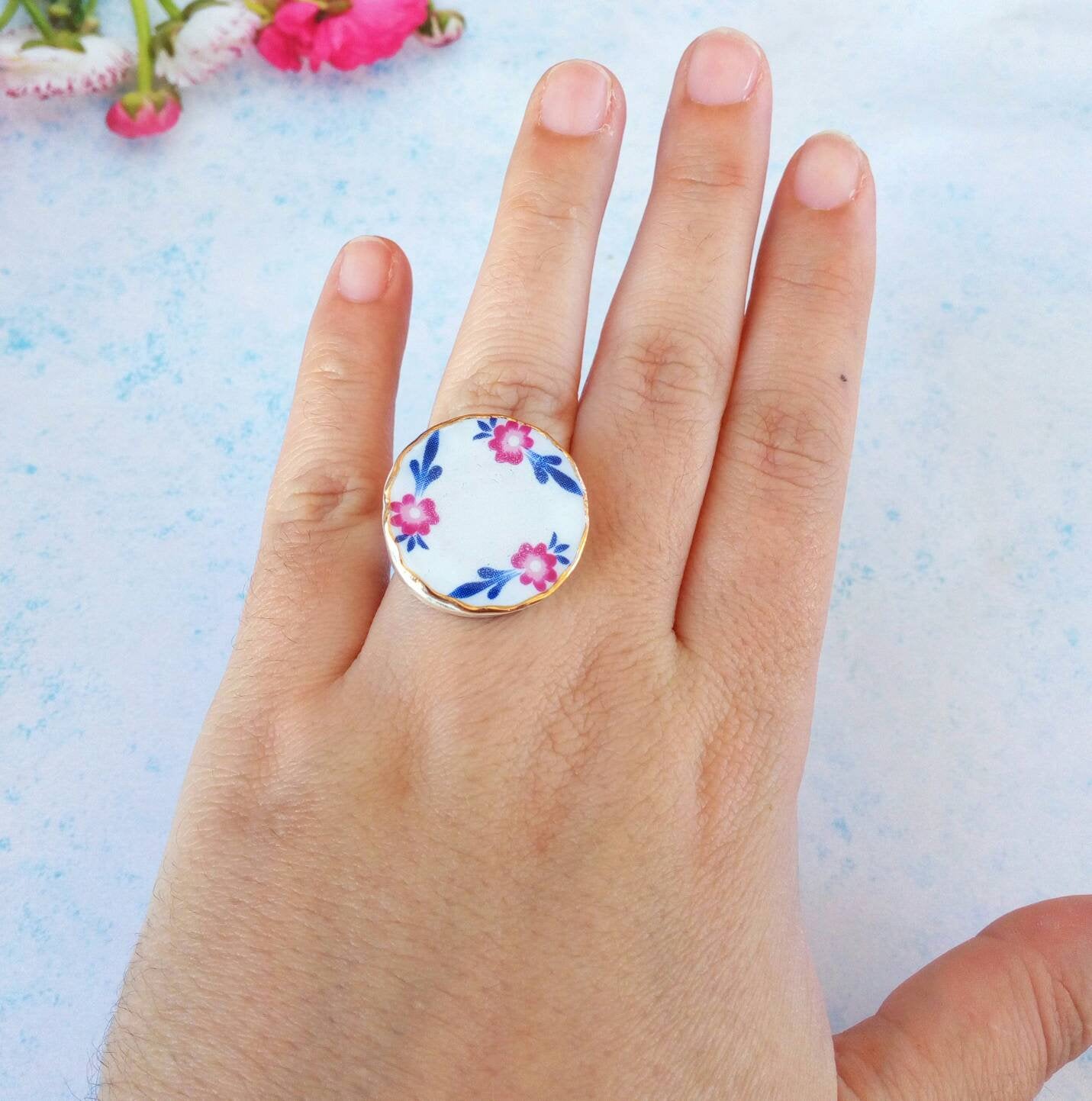 Flower Porcelain Ring, Round Statement Ring, Adjustable Ring