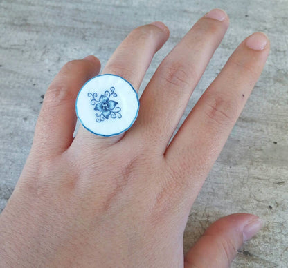 Blue And White Porcelain Ring, Blue Delft Jewelry