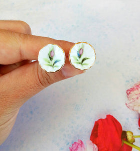 Rose Flower Studs, Cute Porcelain Stud Earrings, Miniature Jewelry