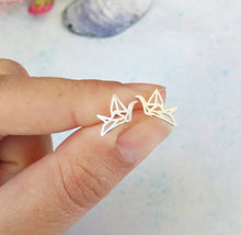 Load image into Gallery viewer, Origami Crane Earrings, Tiny Silver Studs, Japanese Gifts For Her
