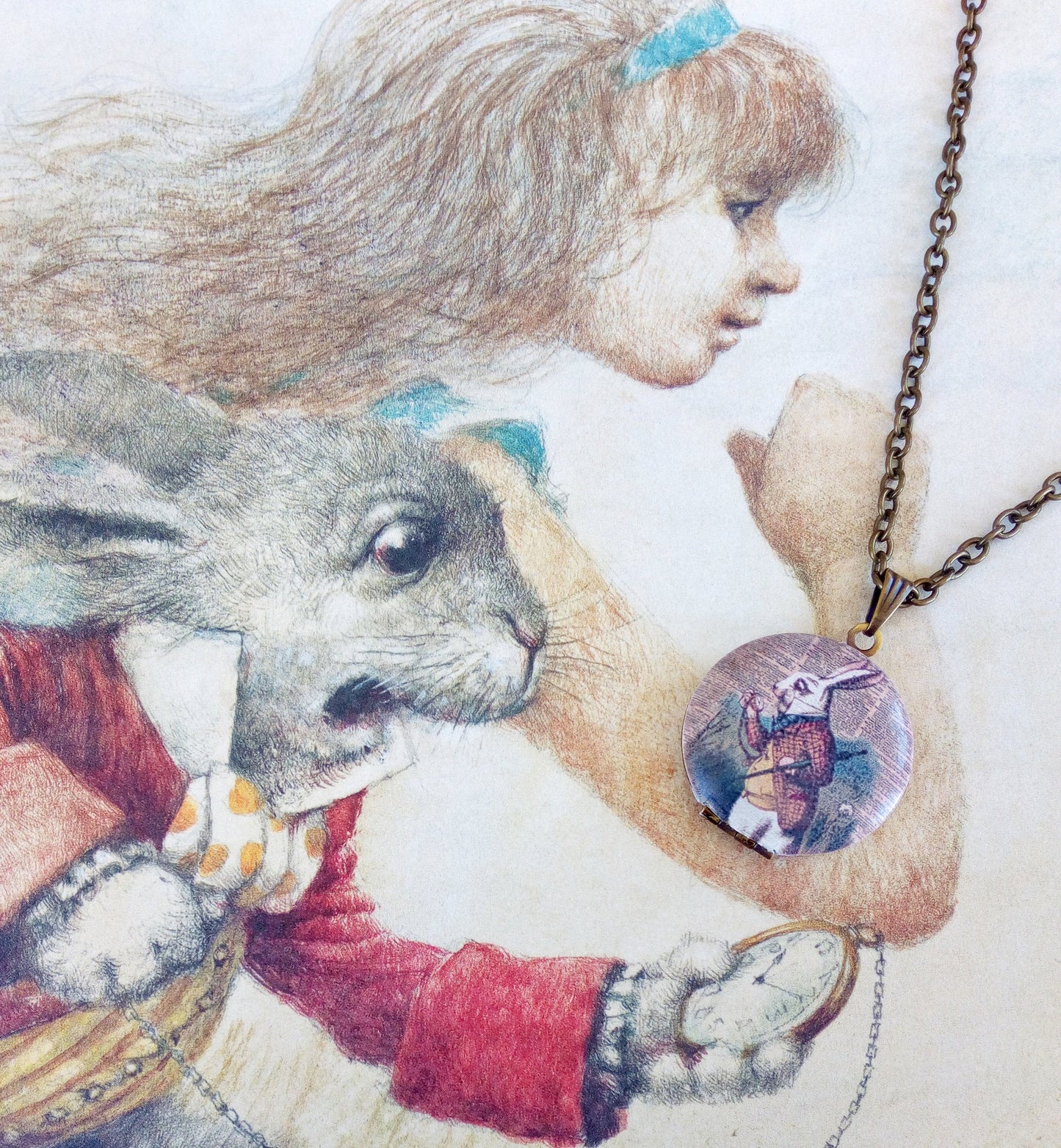 Small Locket Necklace, White Rabbit Alice In Wonderland Necklace