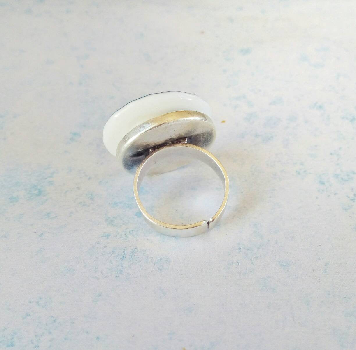 Flower Porcelain Ring, Round Statement Ring, Adjustable Ring